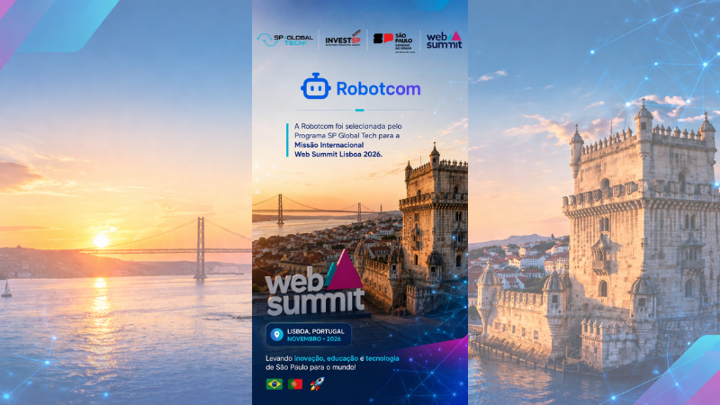 Arte oficial da participação da Robotcom na Missão Internacional Web Summit Lisboa 2026.